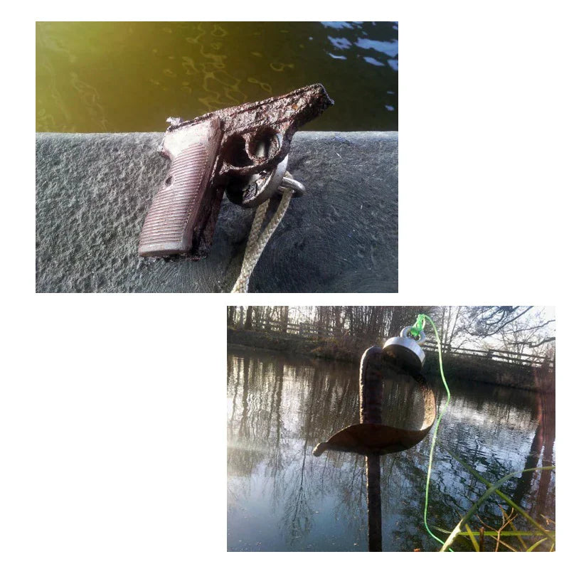 Fishing magnet used to recover a rusted firearm and a sword from a river.