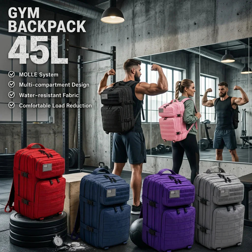 45L tactical gym backpacks in various colors with models in a gym setting
