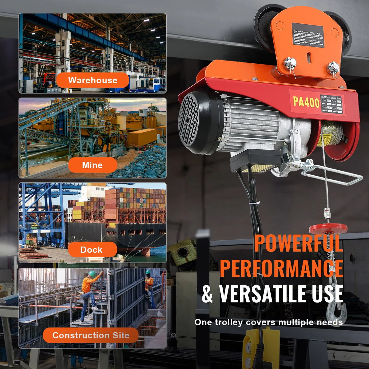 Versatile industrial applications of an orange manual beam trolley in various settings