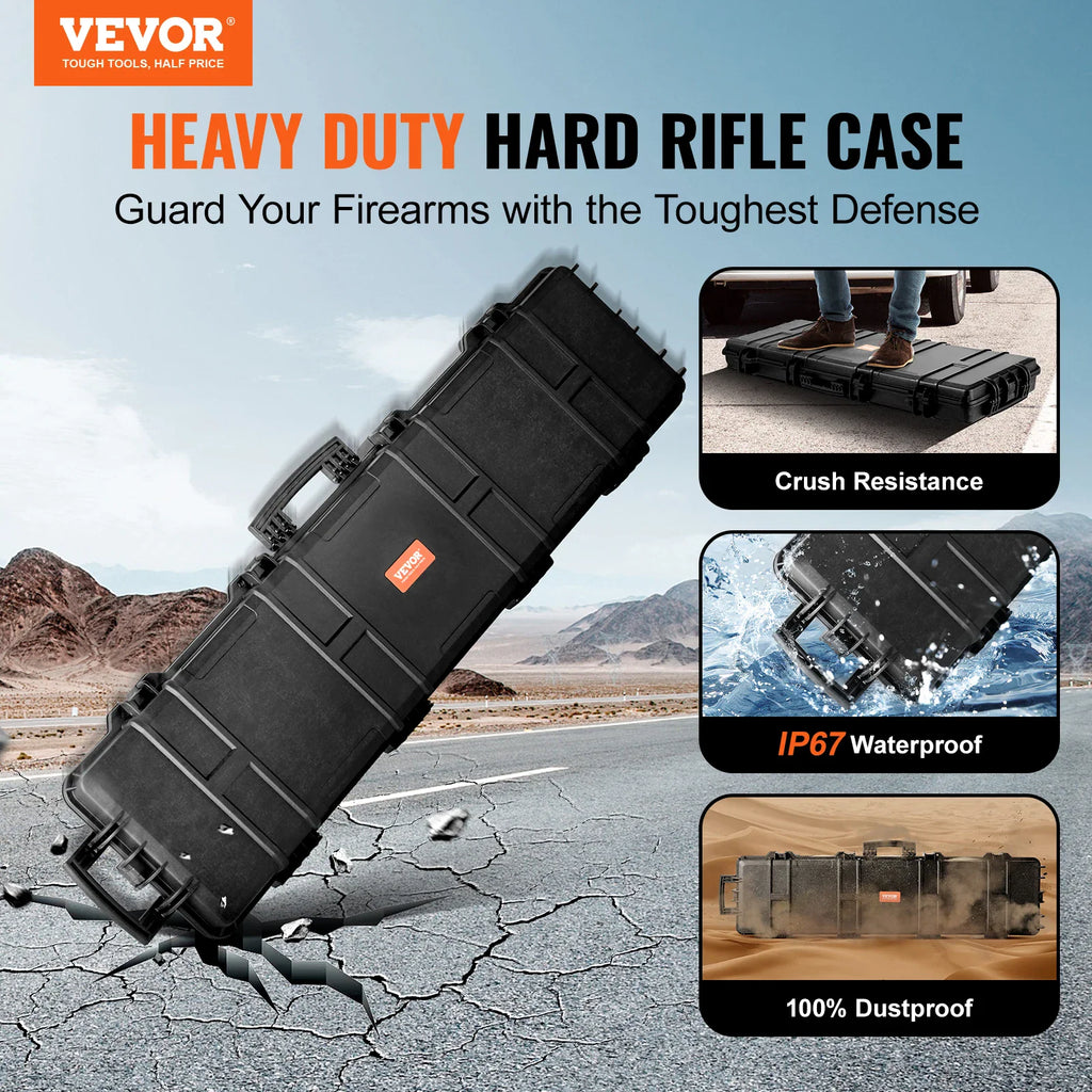 Hard rifle case demonstrating durability, crush, water, and dust resistance with lifestyle inserts