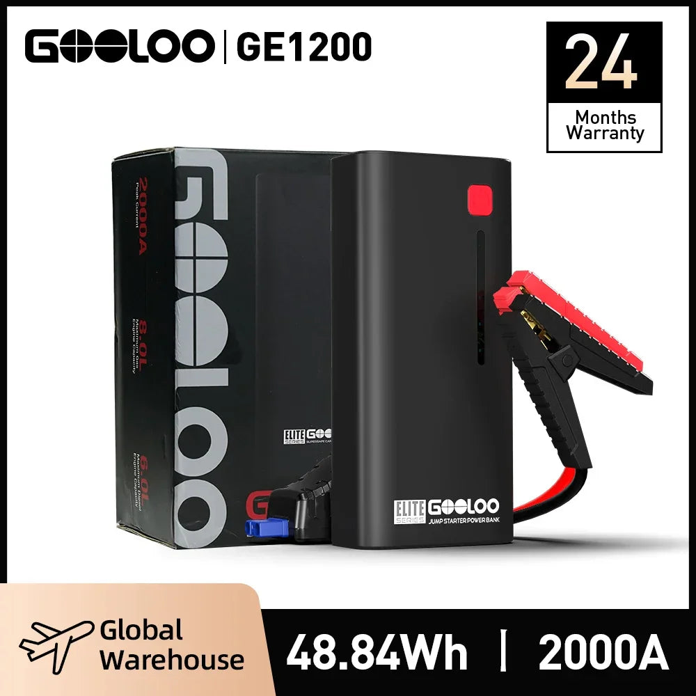 Black automotive portable jump starter power bank with jumper cables and retail box