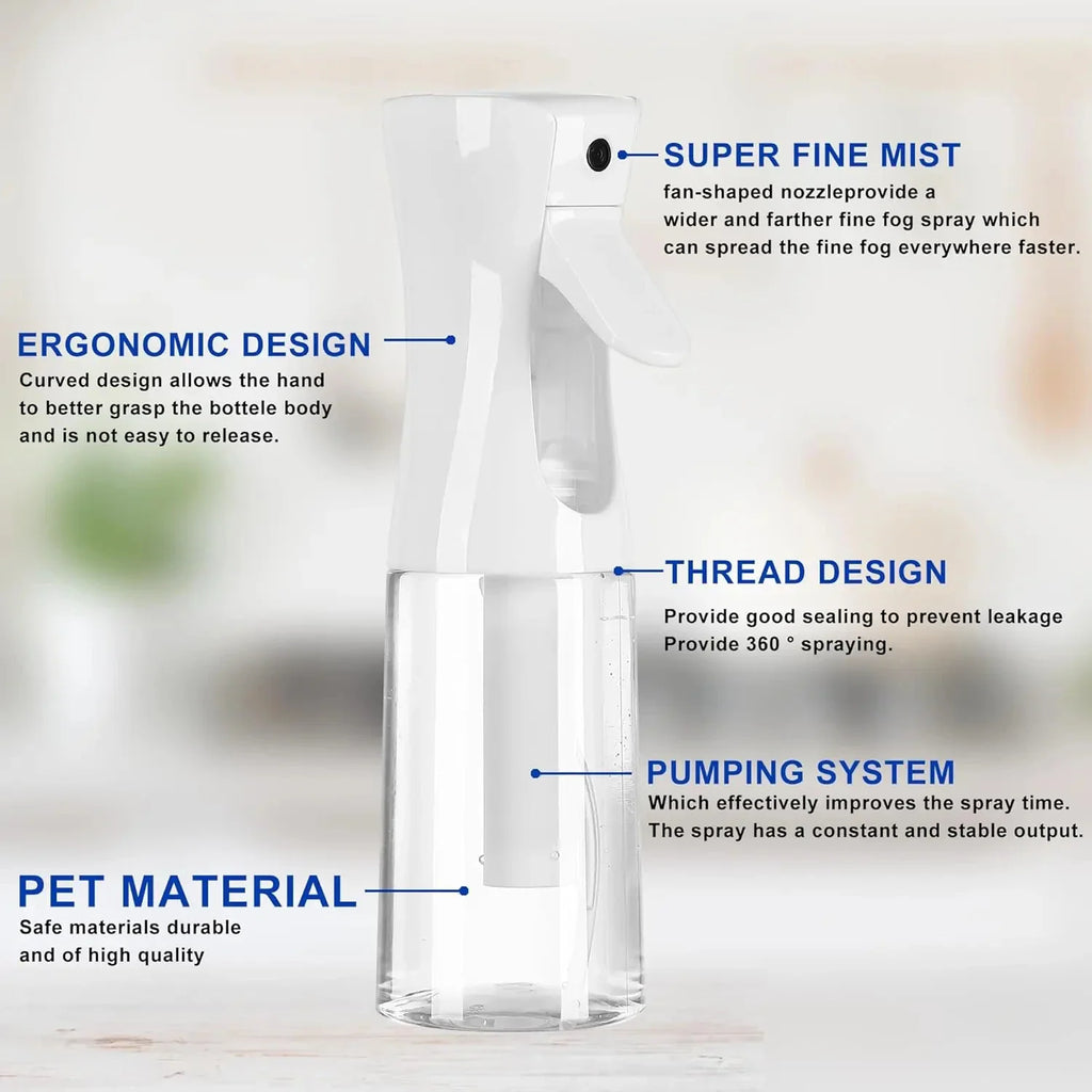 A diagram of a white continuous spray bottle highlighting its ergonomic design and material features