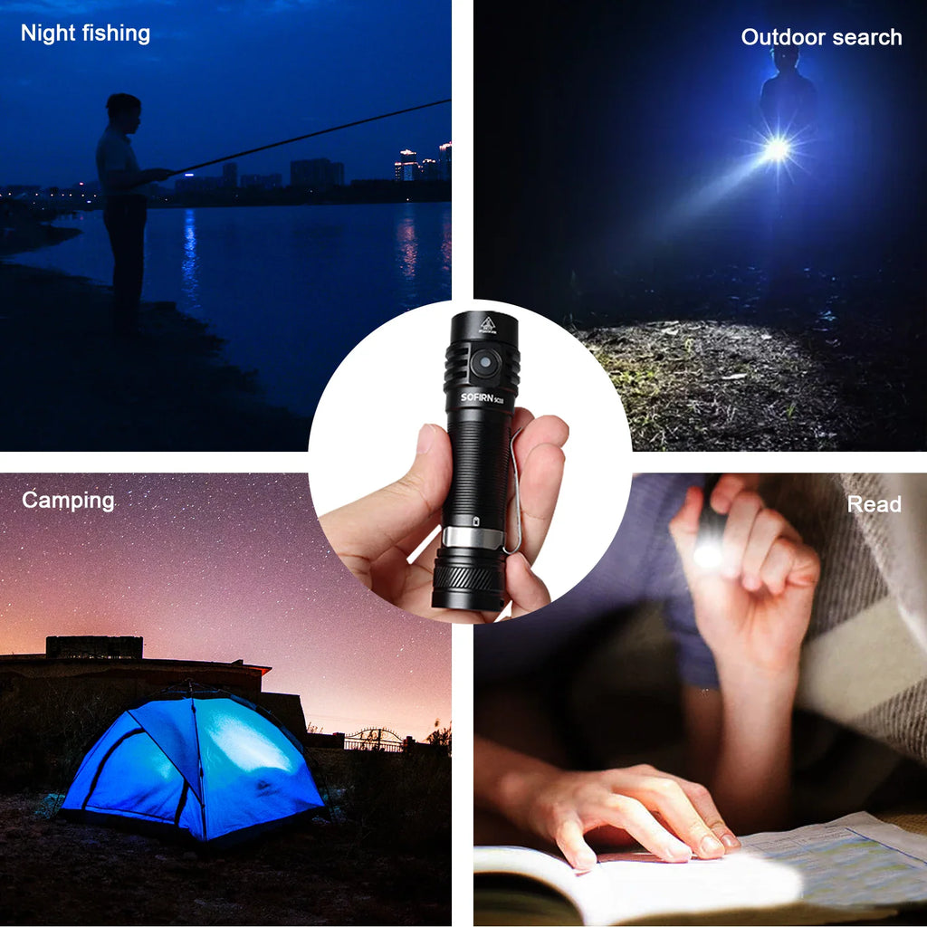 LED flashlight being used for night fishing, outdoor searching, camping, and reading