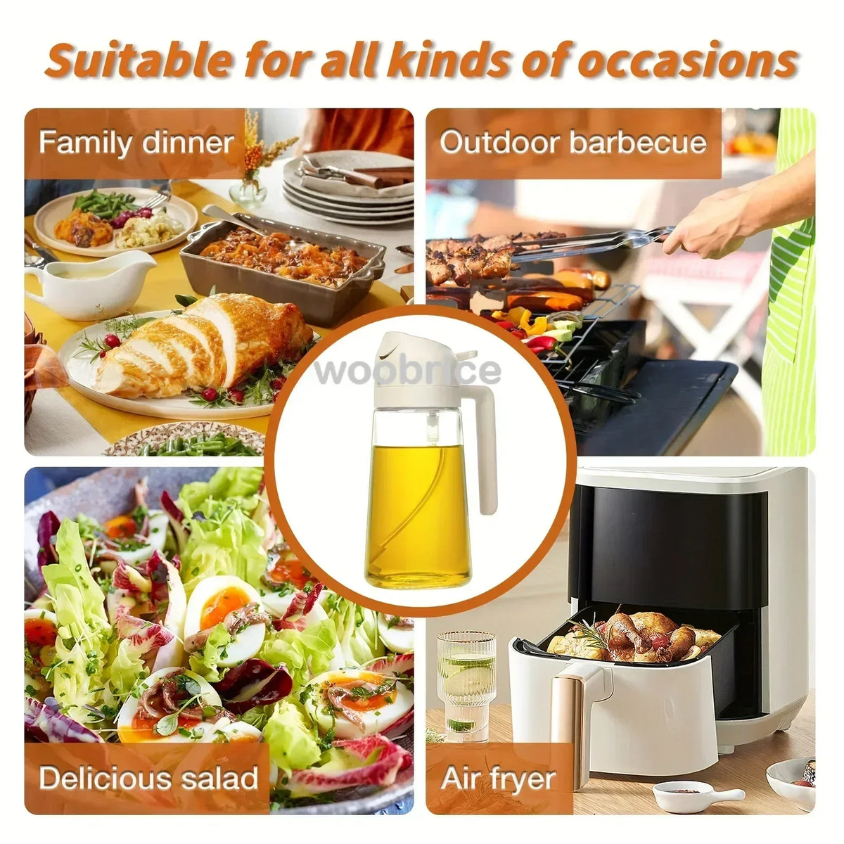 Usage scenes for oil dispenser bottle including salad, barbecue, and air fryer