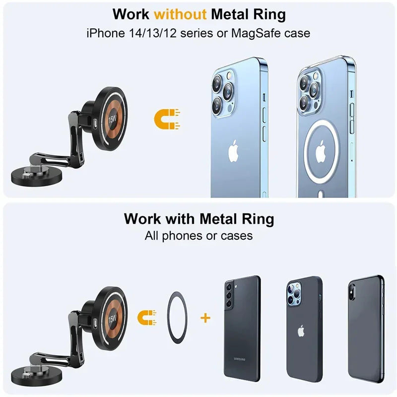 Compatibility guide for magnetic car phone mount showing different phone models and metal rings