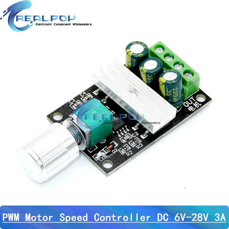 A black PWM motor speed controller circuit board with a heat sink and a silver rotary knob.