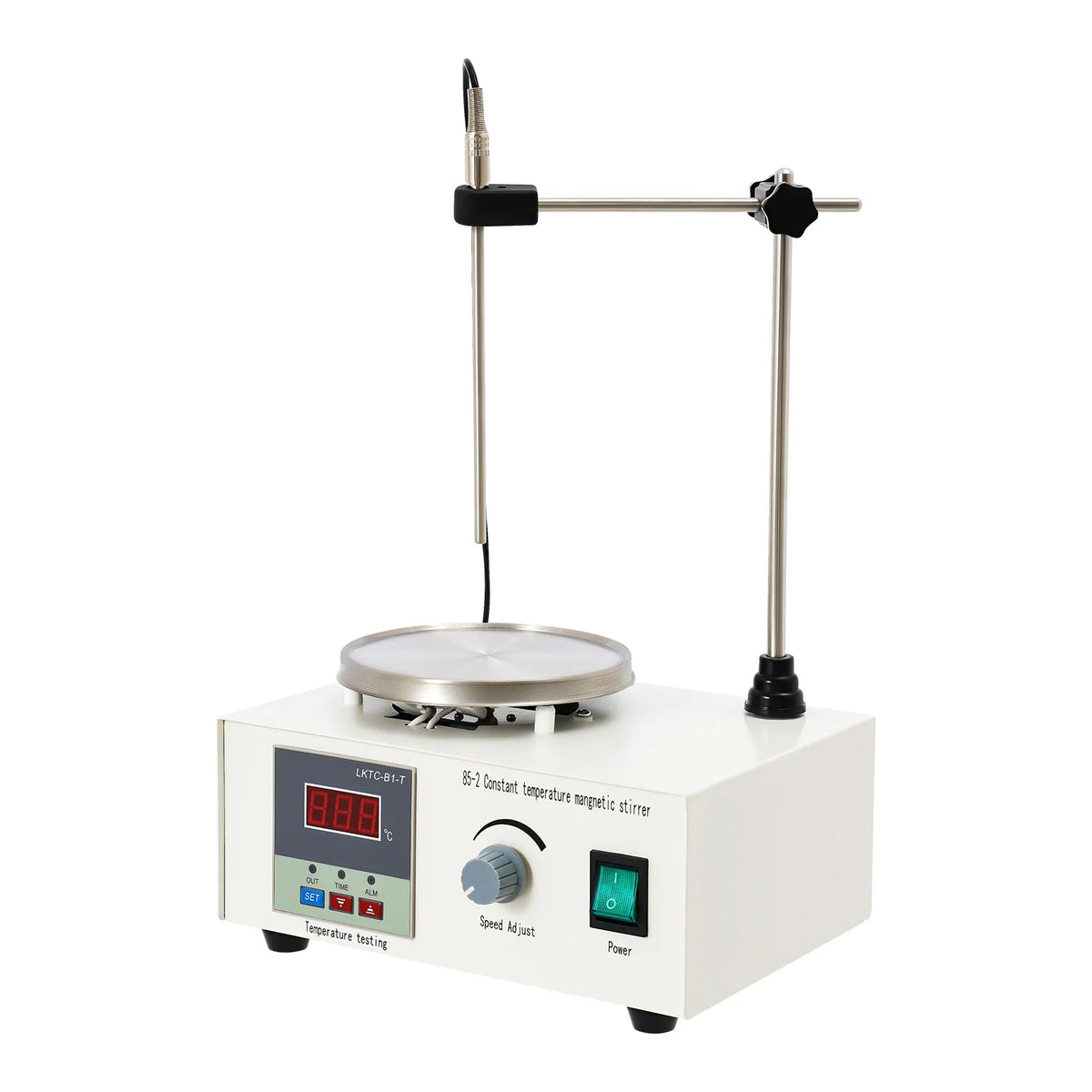 A white laboratory digital magnetic stirrer on a plain white background