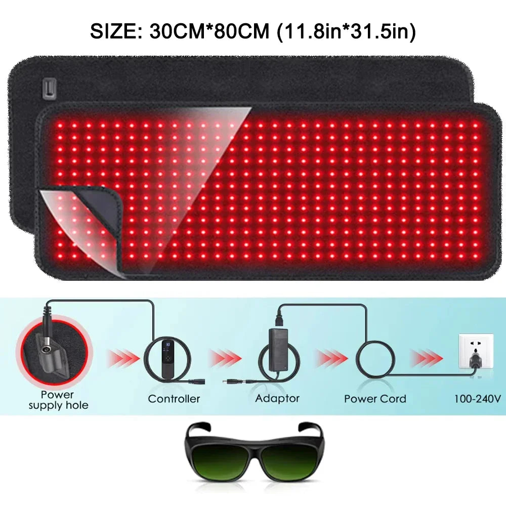 Red light therapy mat measuring 30 by 80 centimeters with connection diagram and protective glasses