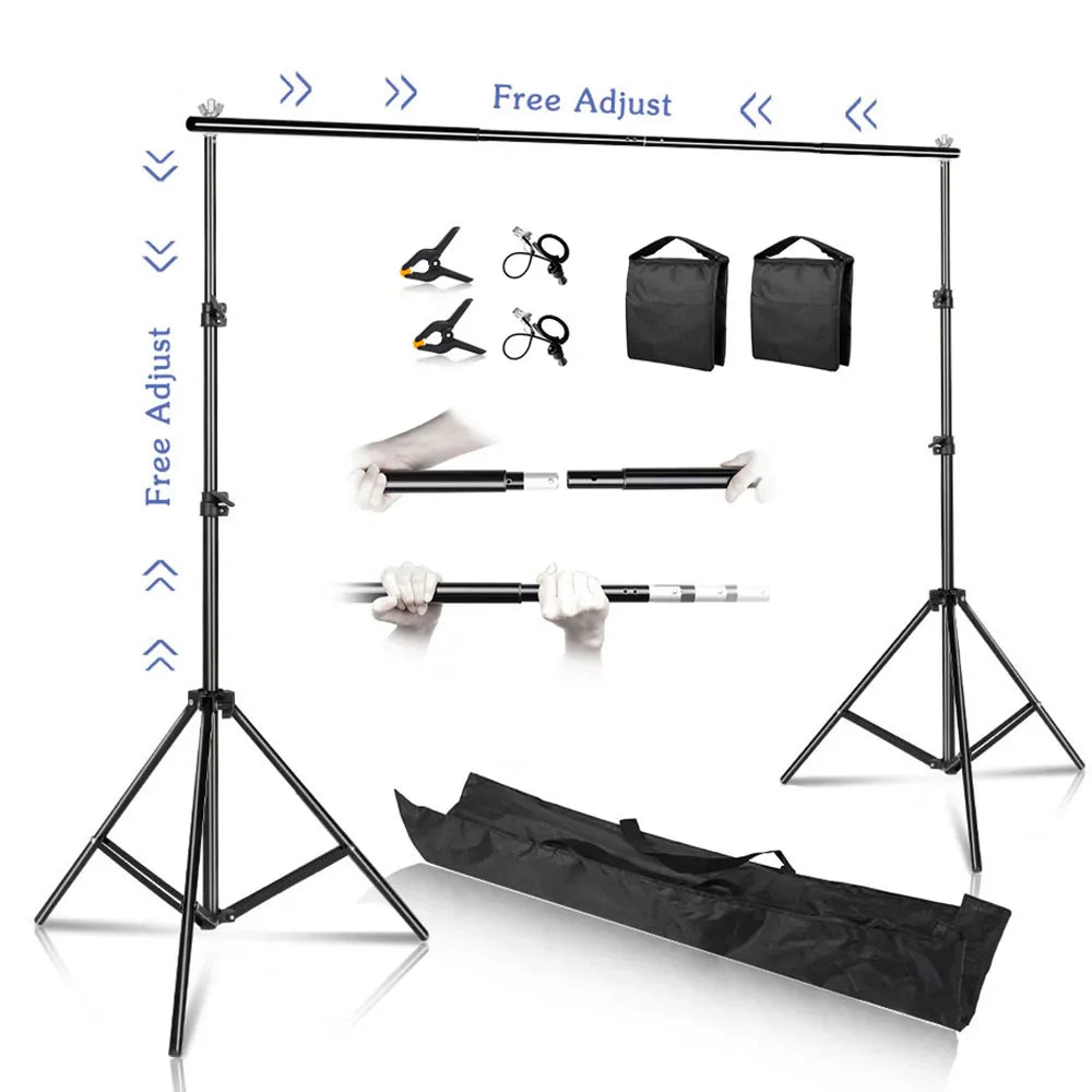 Photography backdrop stand setup with arrows and text labels illustrating adjustability.