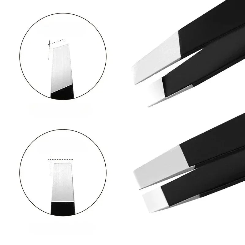 Two types of stainless steel tweezers shown with diagrams indicating the precision of the slanted and flat tips