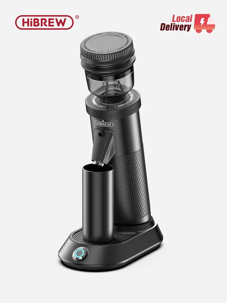 Electric coffee grinder with black metal body and conical burr design