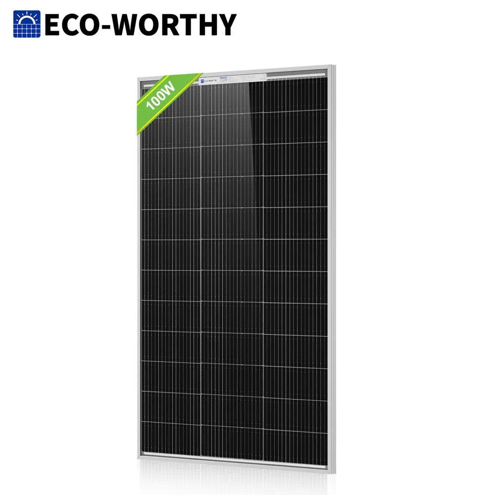 A black 100 watt solar panel with a metal frame.