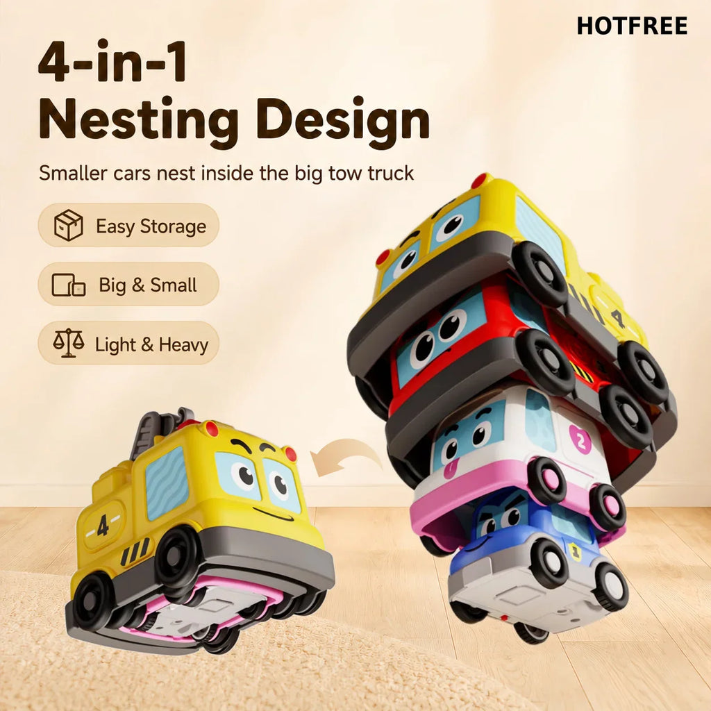 Four nesting toy cars showing how they fit inside the largest yellow tow truck for storage