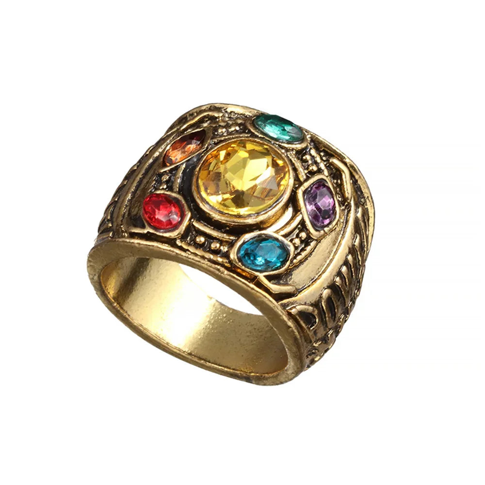 Antique gold Thanos power ring with crystal inlays and 20mm wide band