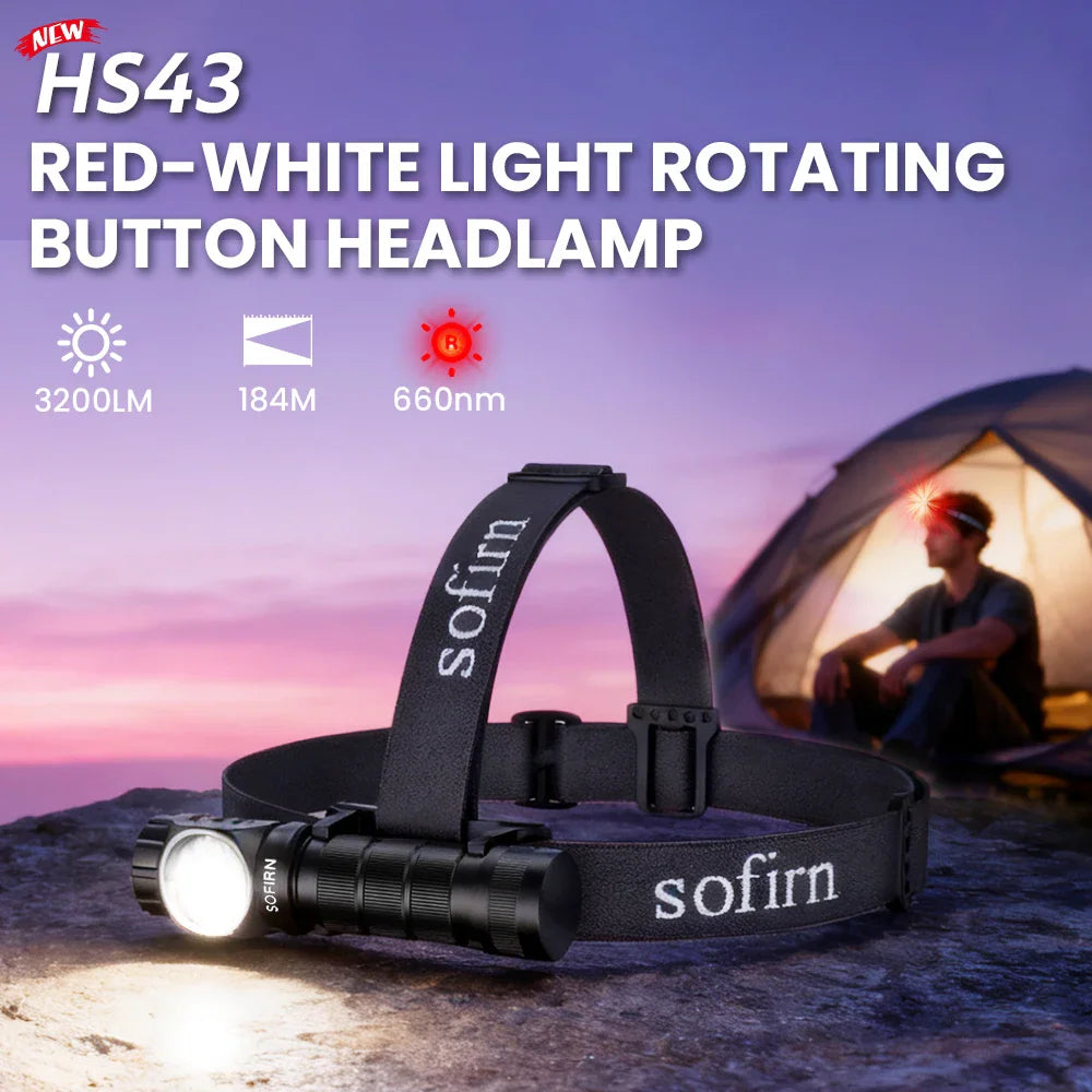 Black LED headlamp with adjustable strap featuring red and white light modes