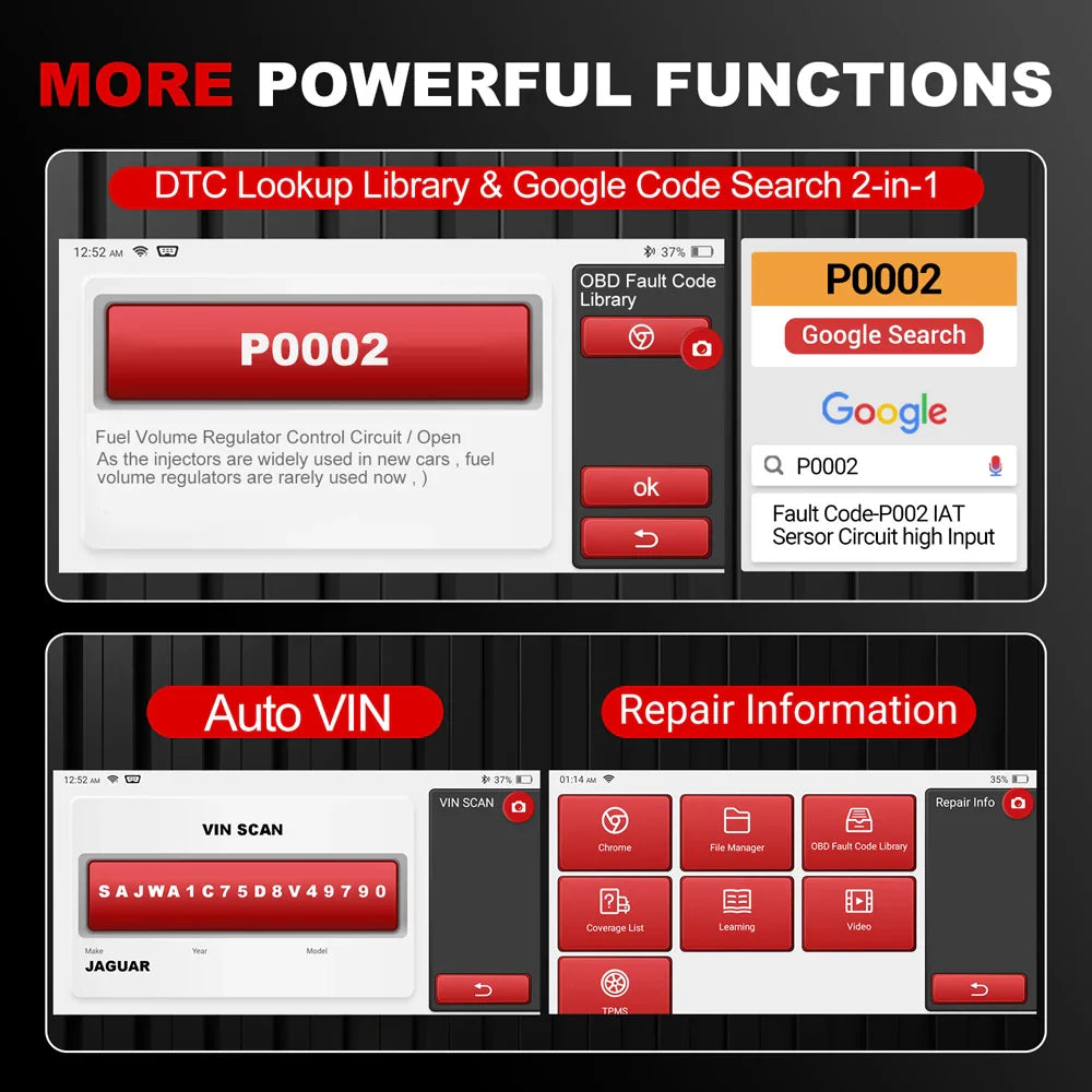 Car diagnostic tablet screens showing DTC lookup, auto VIN detection, and repair information menu