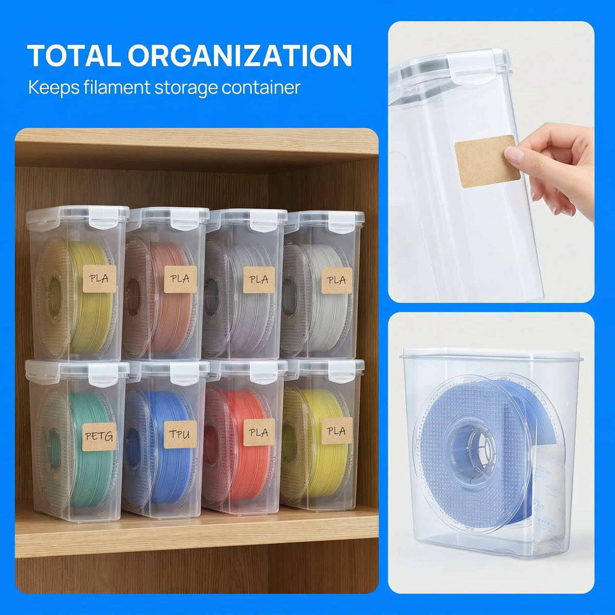 Stackable plastic storage containers for 3D printer filament spools with labels