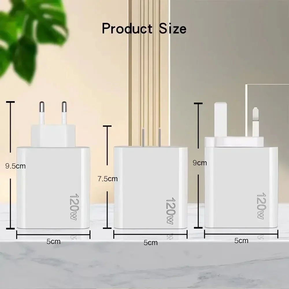 Size diagram showing dimensions of white 120W multi-port wall chargers with different plug types