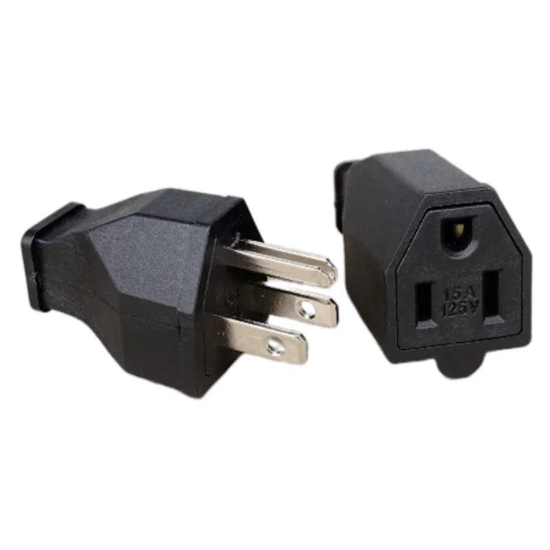 A black male AC power plug and a female socket adapter, 3-pin configuration.