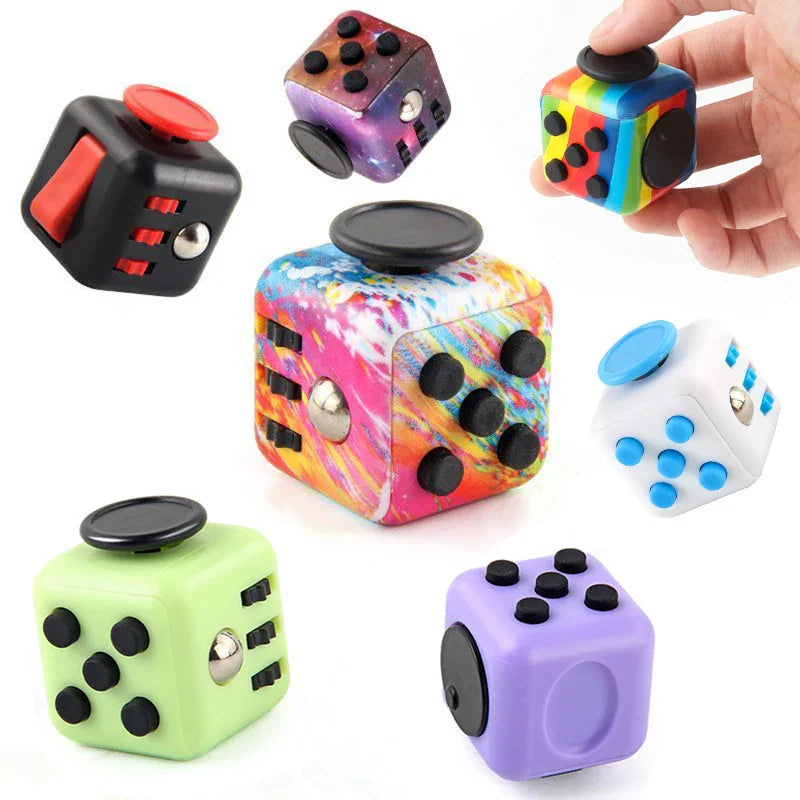 A display of assorted fidget cubes showing different angles and colours.