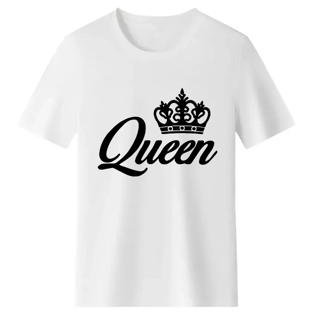 A white short-sleeved t-shirt with a black crown and Queen lettering on the front