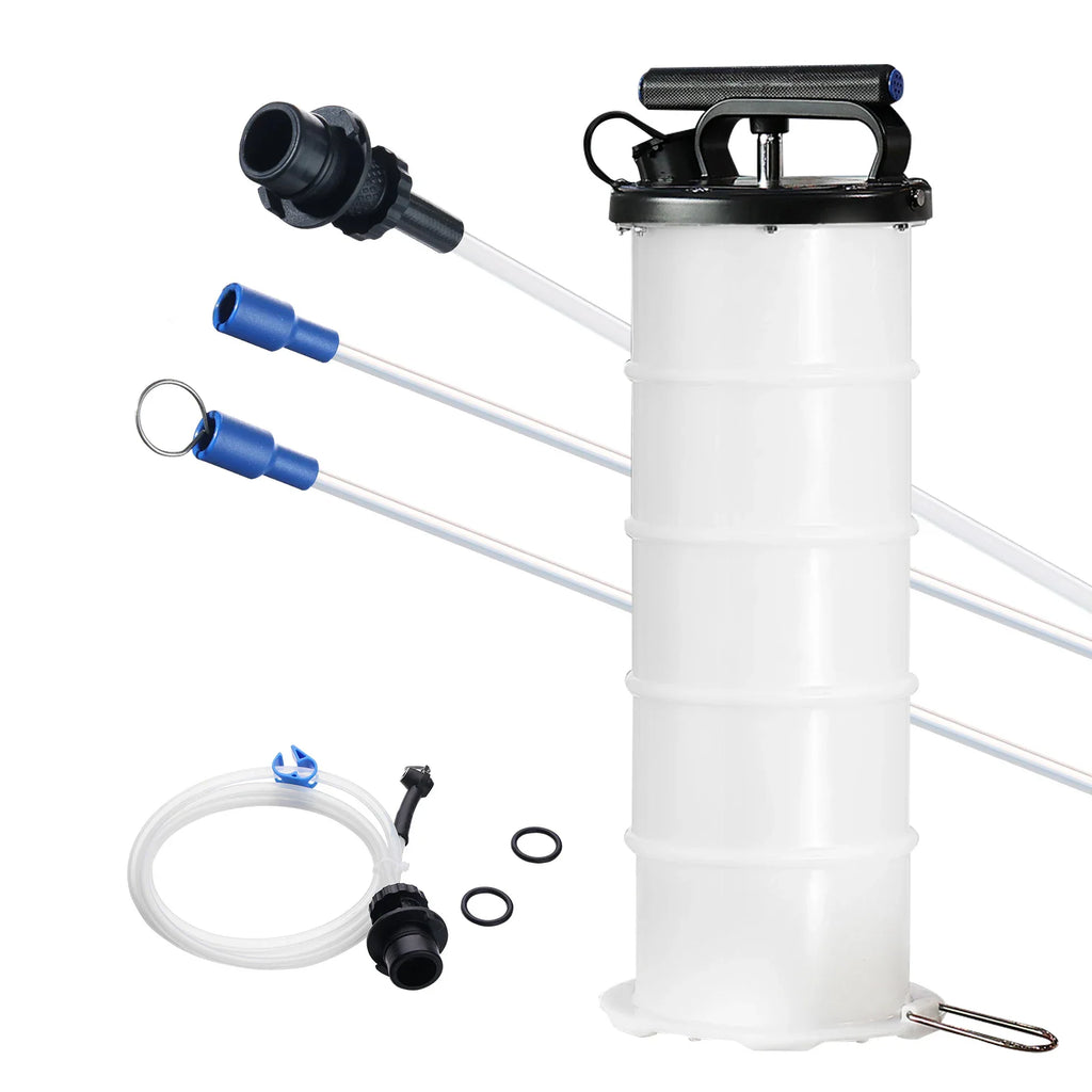 Manual fluid extractor pump for automotive oil changes with various suction hoses and attachments