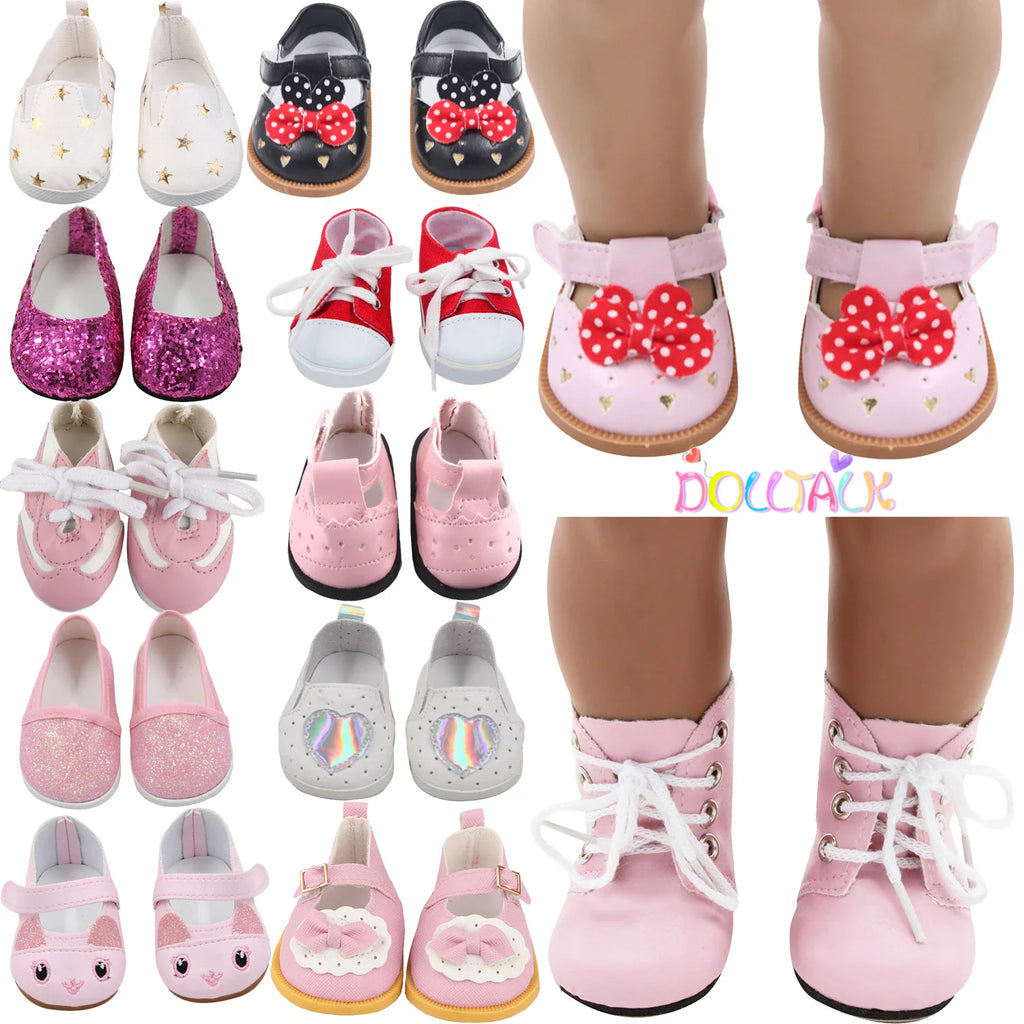Collection of various doll shoes including sneakers, boots, and glittery slip-ons for 18-inch dolls