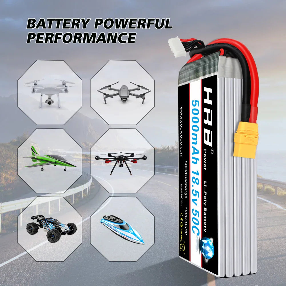 5000mAh 18.5V 5S Li-poly RC battery shown with various remote controlled vehicles in hex frames