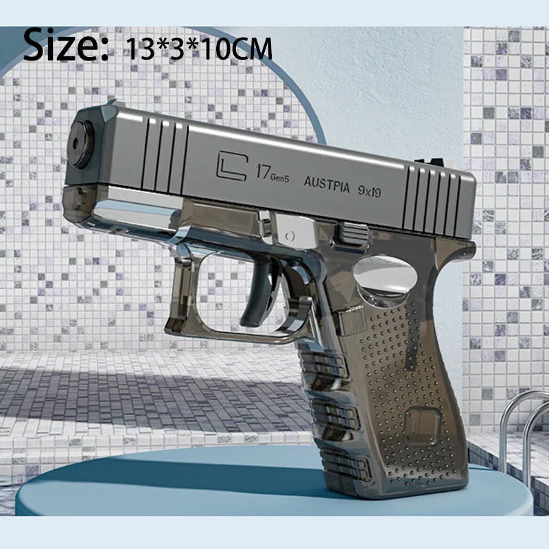 Grey transparent water pistol toy with size dimensions