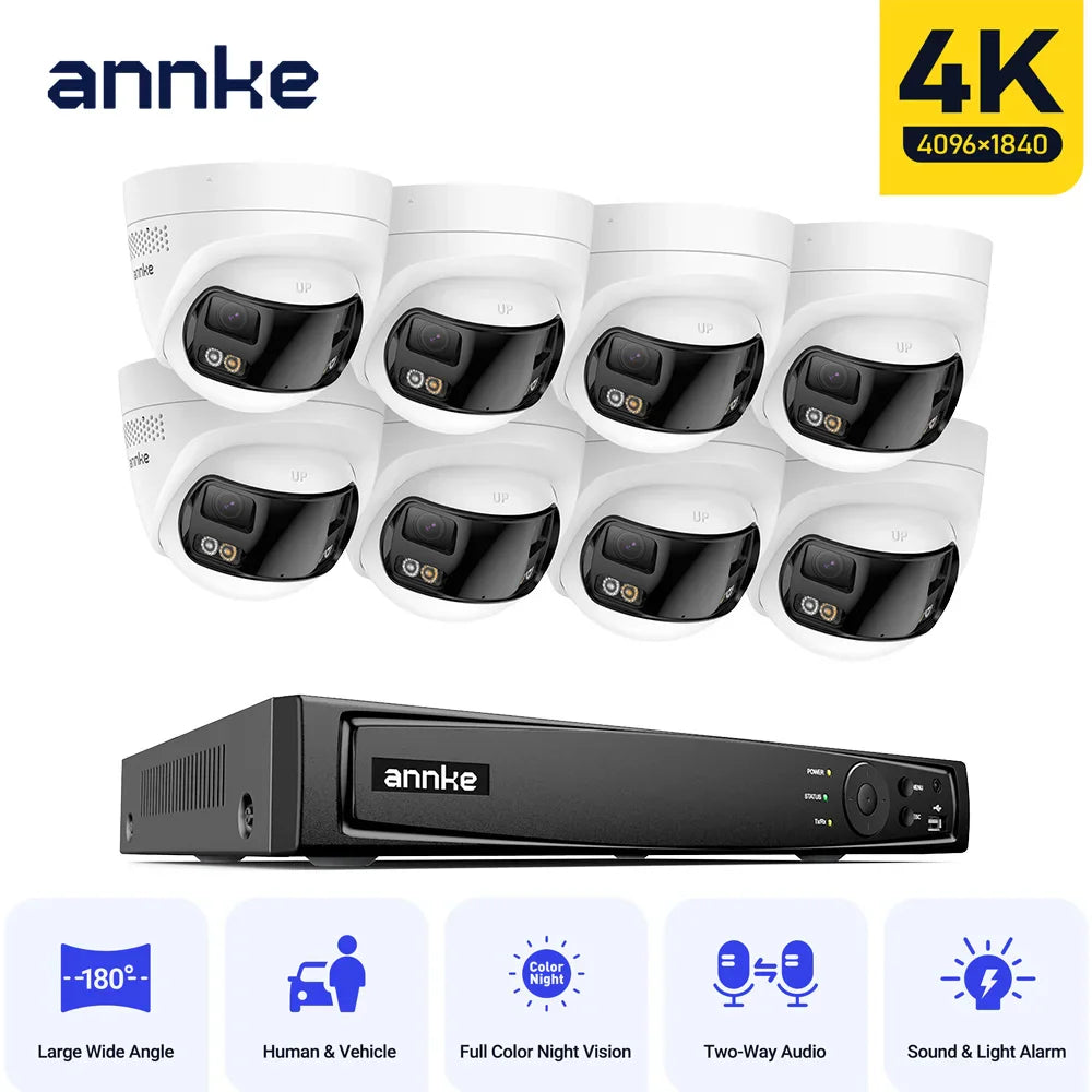 4K outdoor video security camera system with multiple dome cameras and NVR, showing features like wide angle and night vision