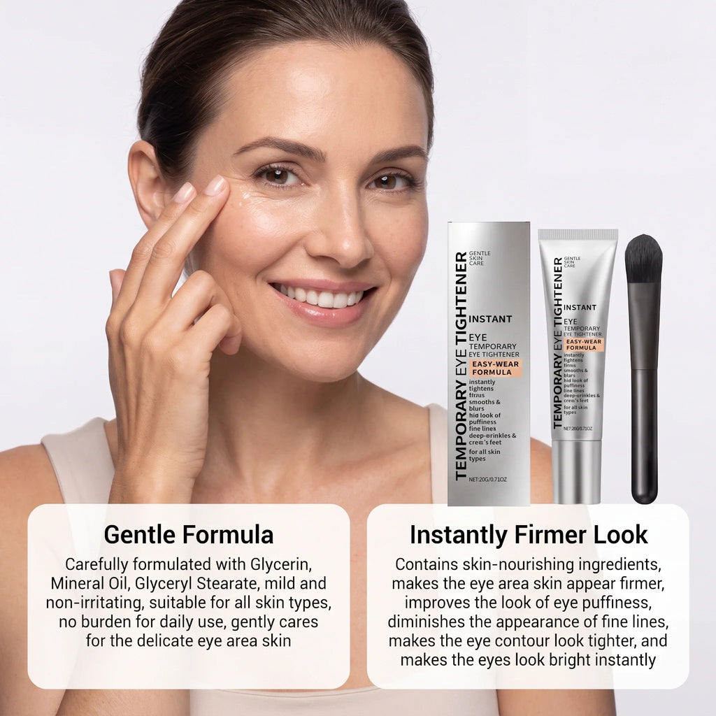 Model applying tightening eye cream with product tube and brush