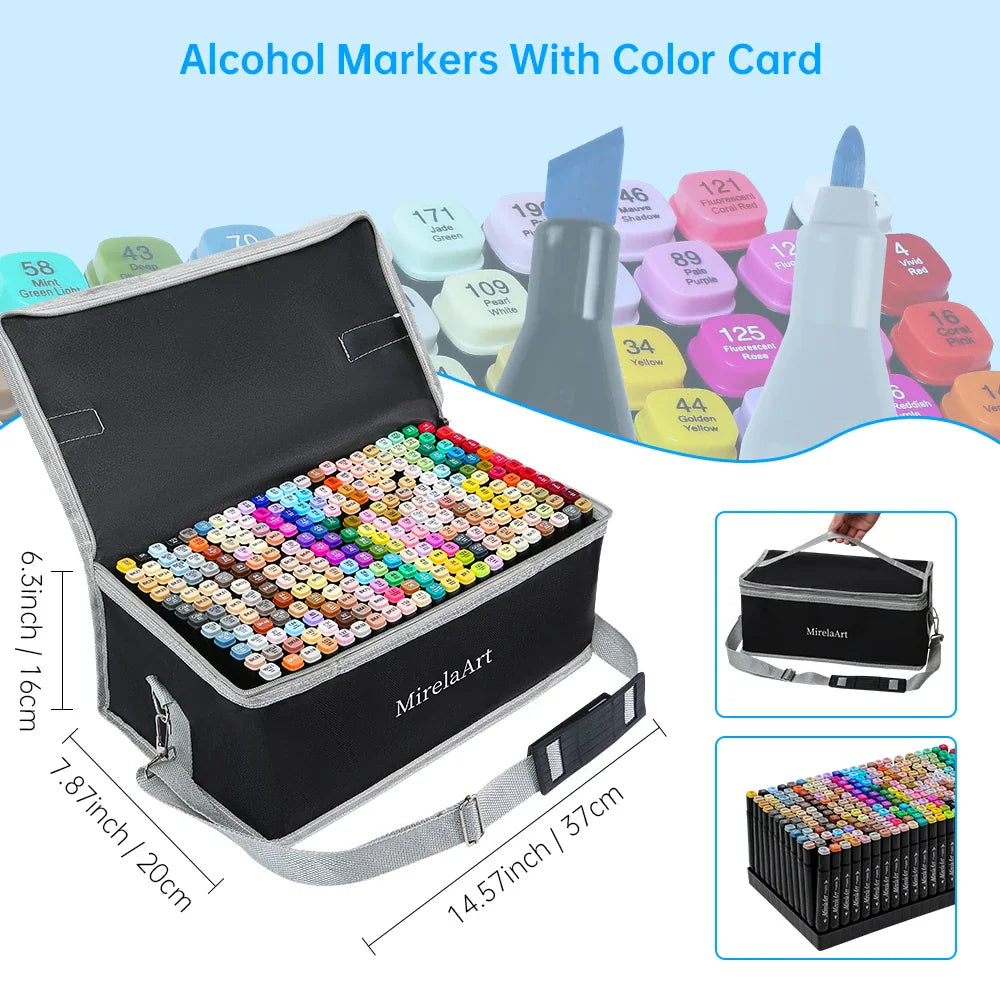 A set of alcohol-based markers with a black carry case and detailed size measurements labeled in inches and centimeters.