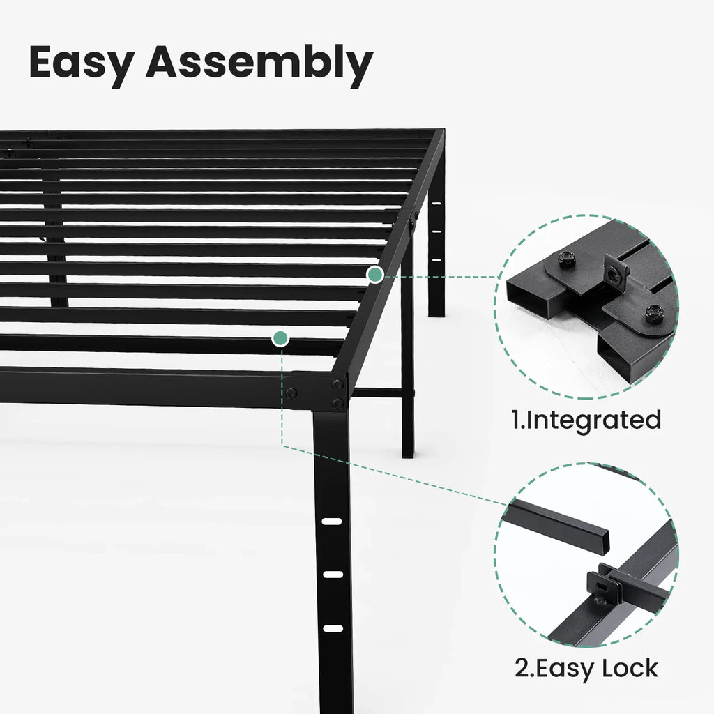 Diagram showing the easy assembly process of the black metal bed frame with integrated locking