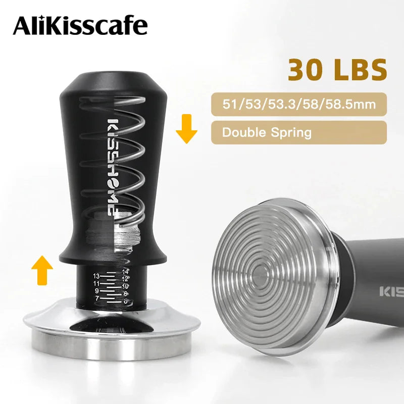 Stainless steel calibrated coffee tamper with a black or grey handle held next to a portafilter