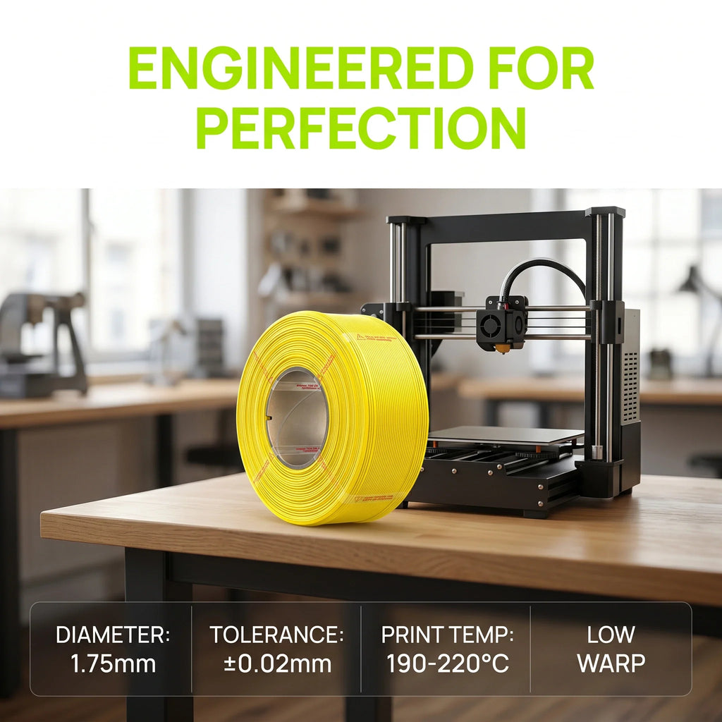 Yellow 3D printer filament spool placed next to a 3D printer