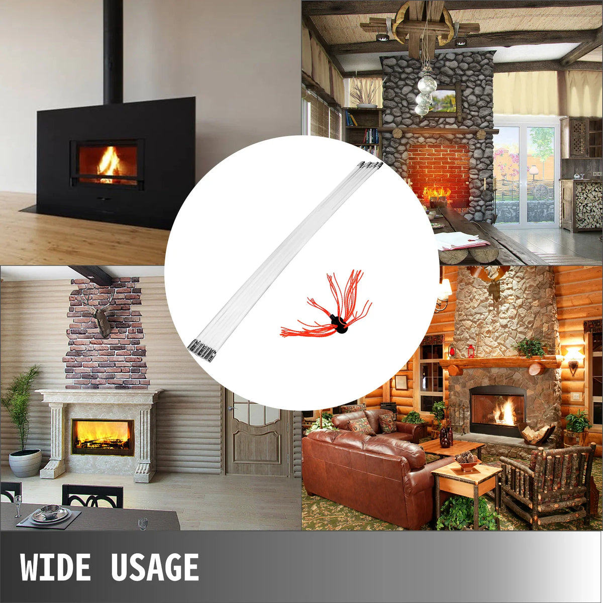 Chimney sweep kit with multiple rods and brush head shown in various interior fireplace settings