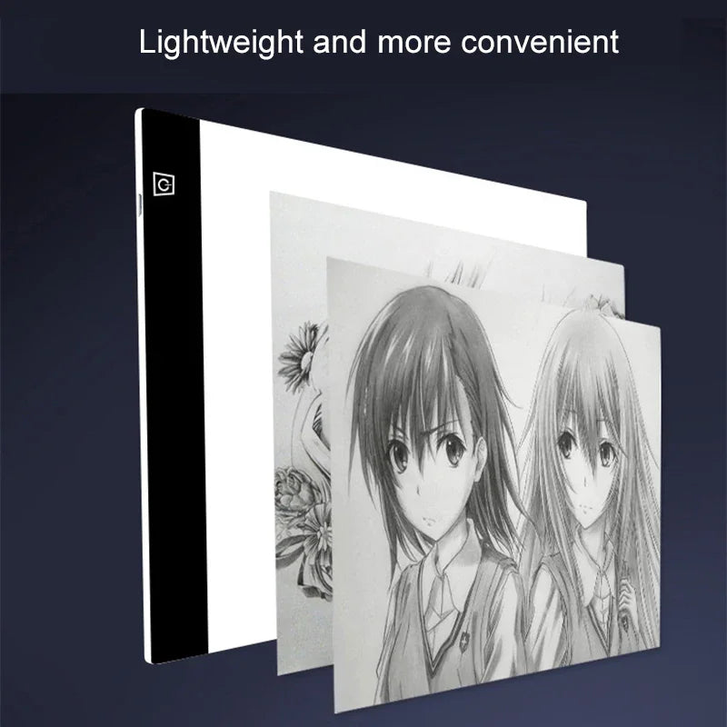 A thin, lightweight LED drawing board shown with sheets of paper to demonstrate portability.