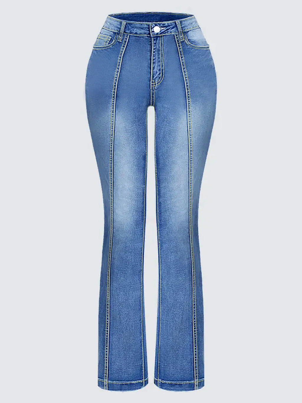 Front view of light blue high-waisted flared jeans on a neutral background.