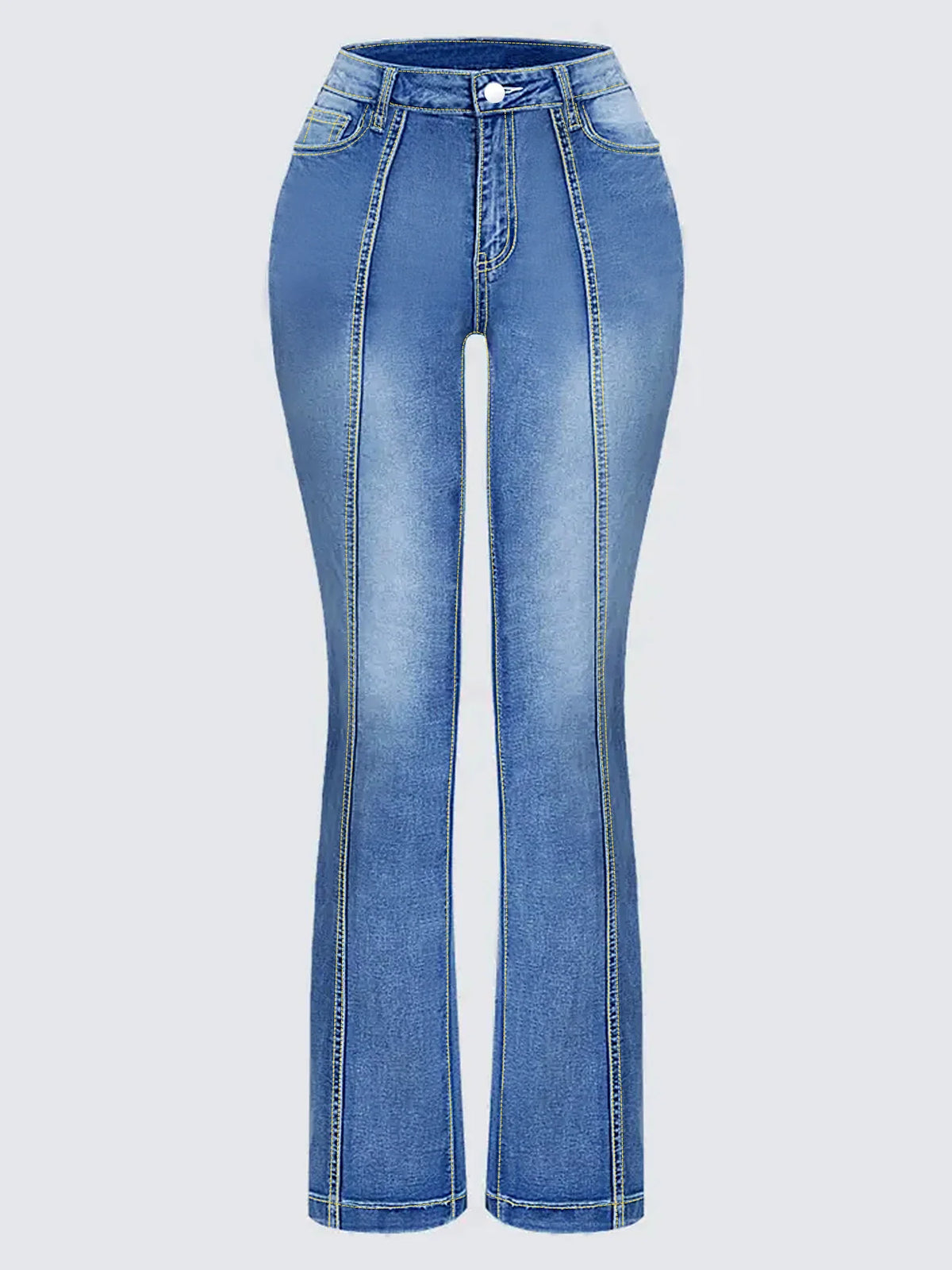 Front view of light blue high-waisted flared jeans on a neutral background.