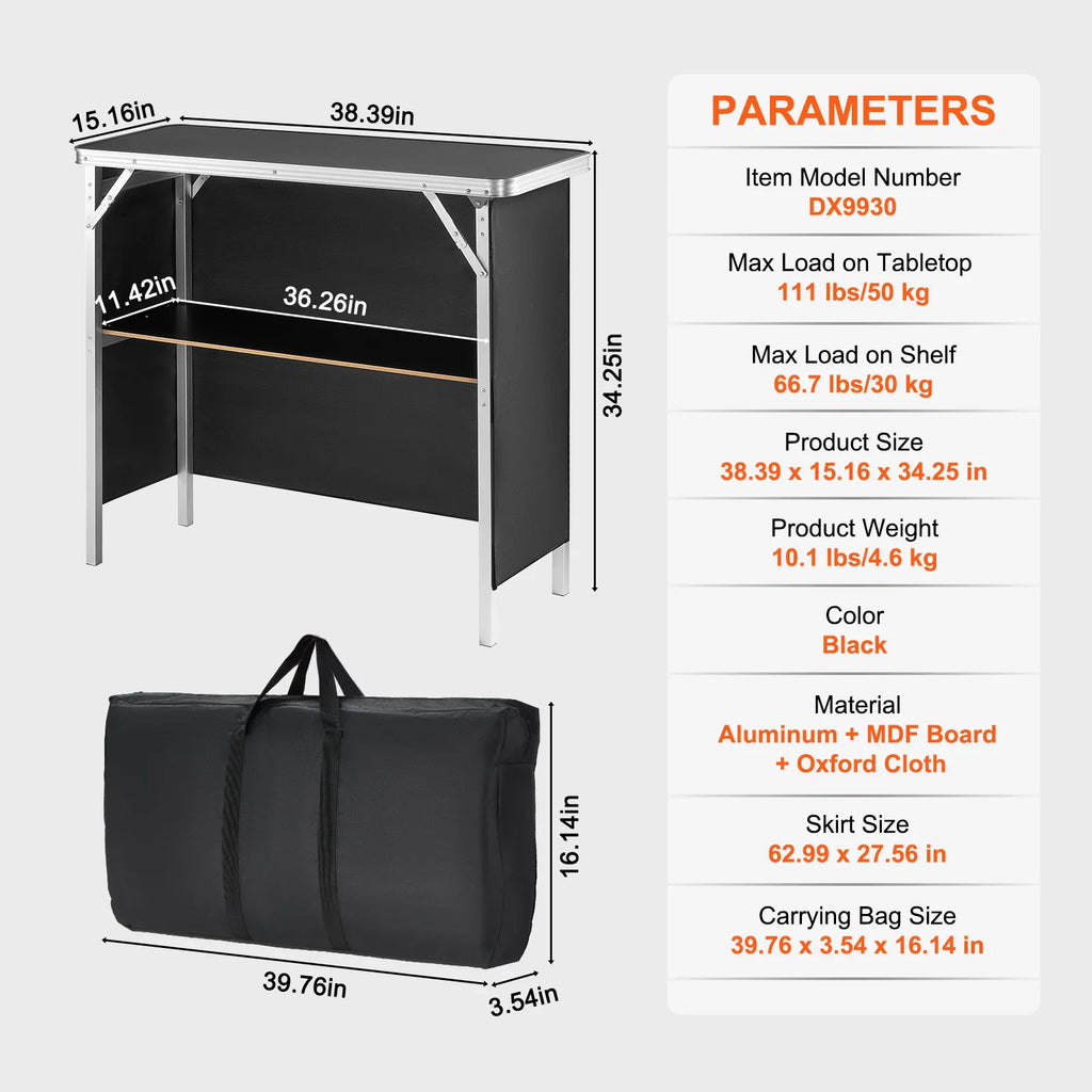 Technical specifications and dimensions of a folding black exhibition bar table and carrying bag
