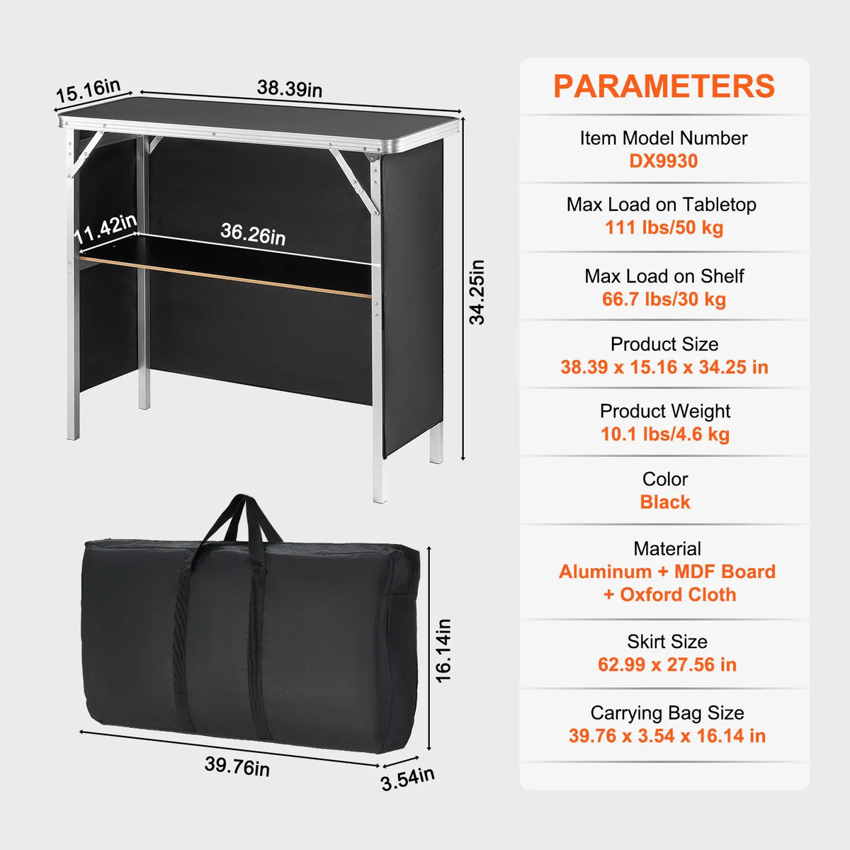 Technical specifications and dimensions of a folding black exhibition bar table and carrying bag