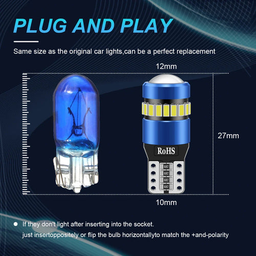 Diagram comparing T10 LED bulb size to standard car bulb
