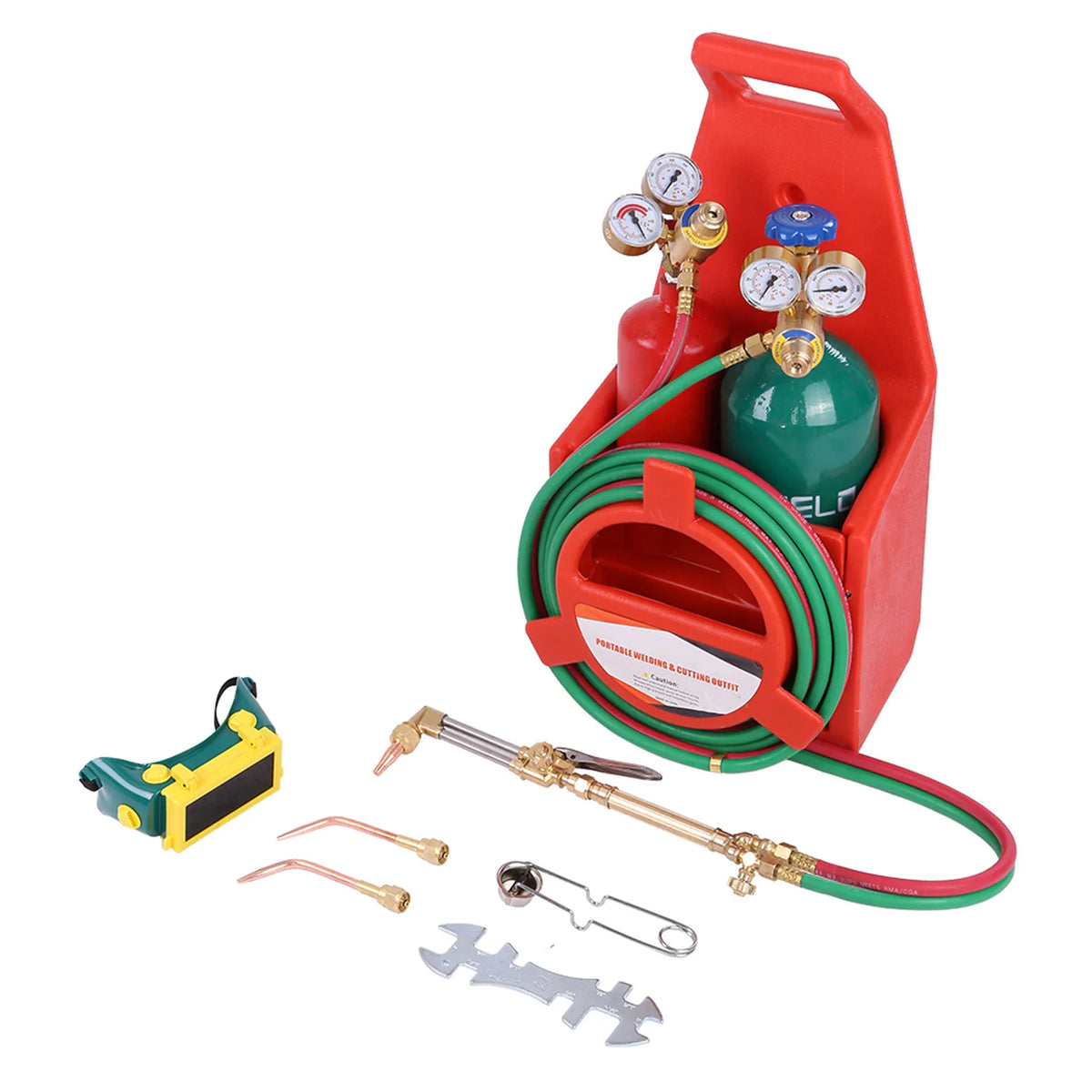 Portable oxygen acetylene welding and cutting kit components including cylinders, hoses, and welding torch