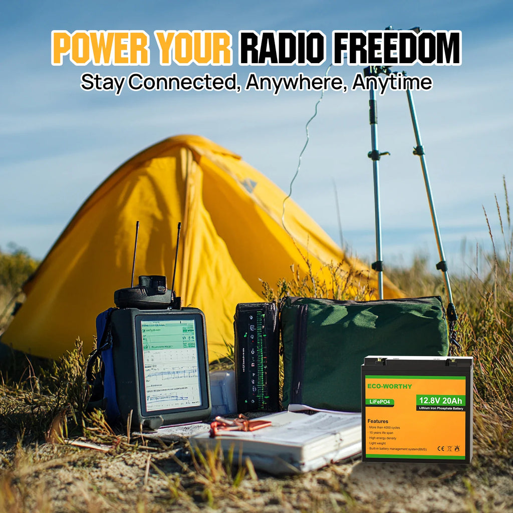 Lithium battery being used to power a radio station setup in an outdoor camping scene