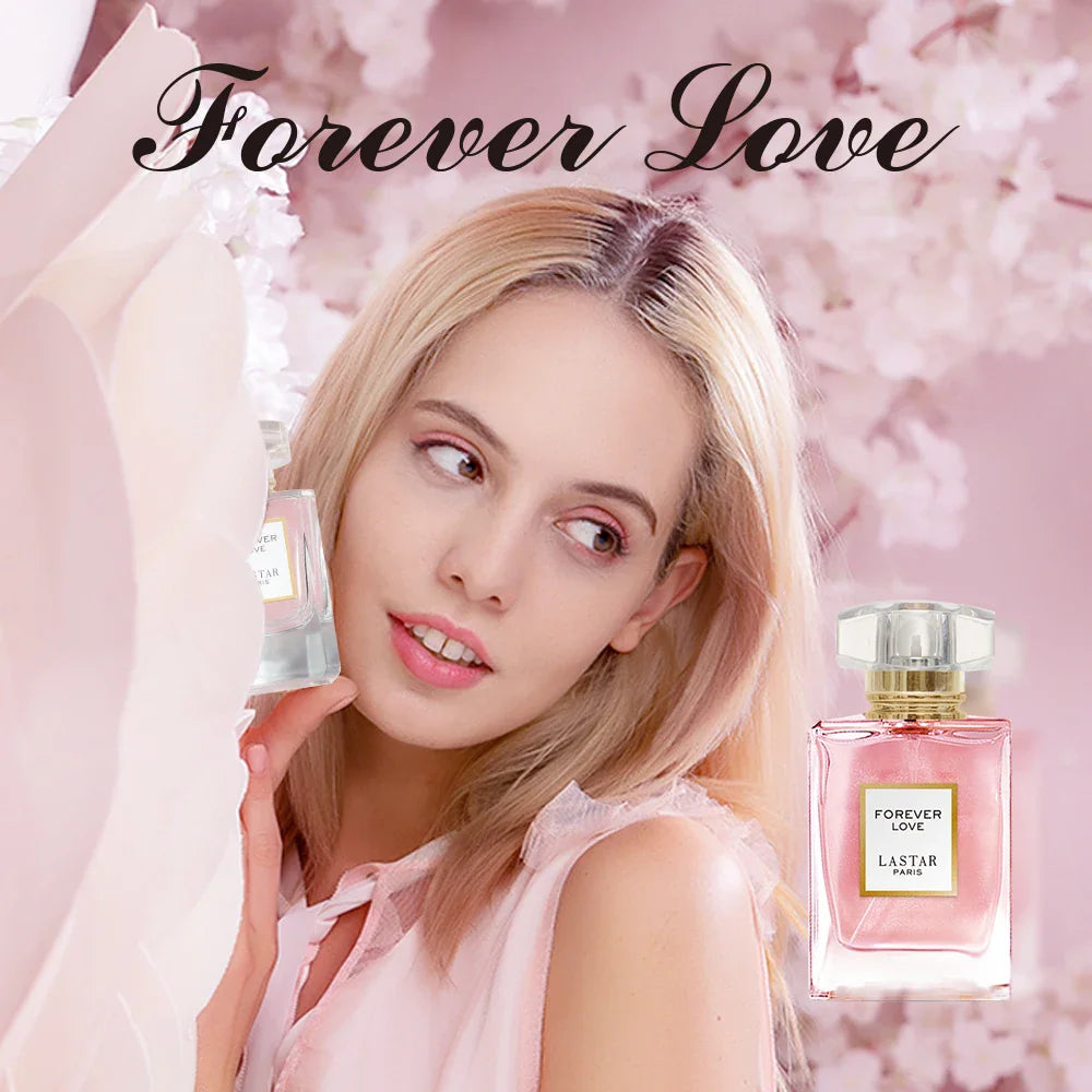 Lifestyle photo of a young woman with a pink perfume bottle and floral decorations