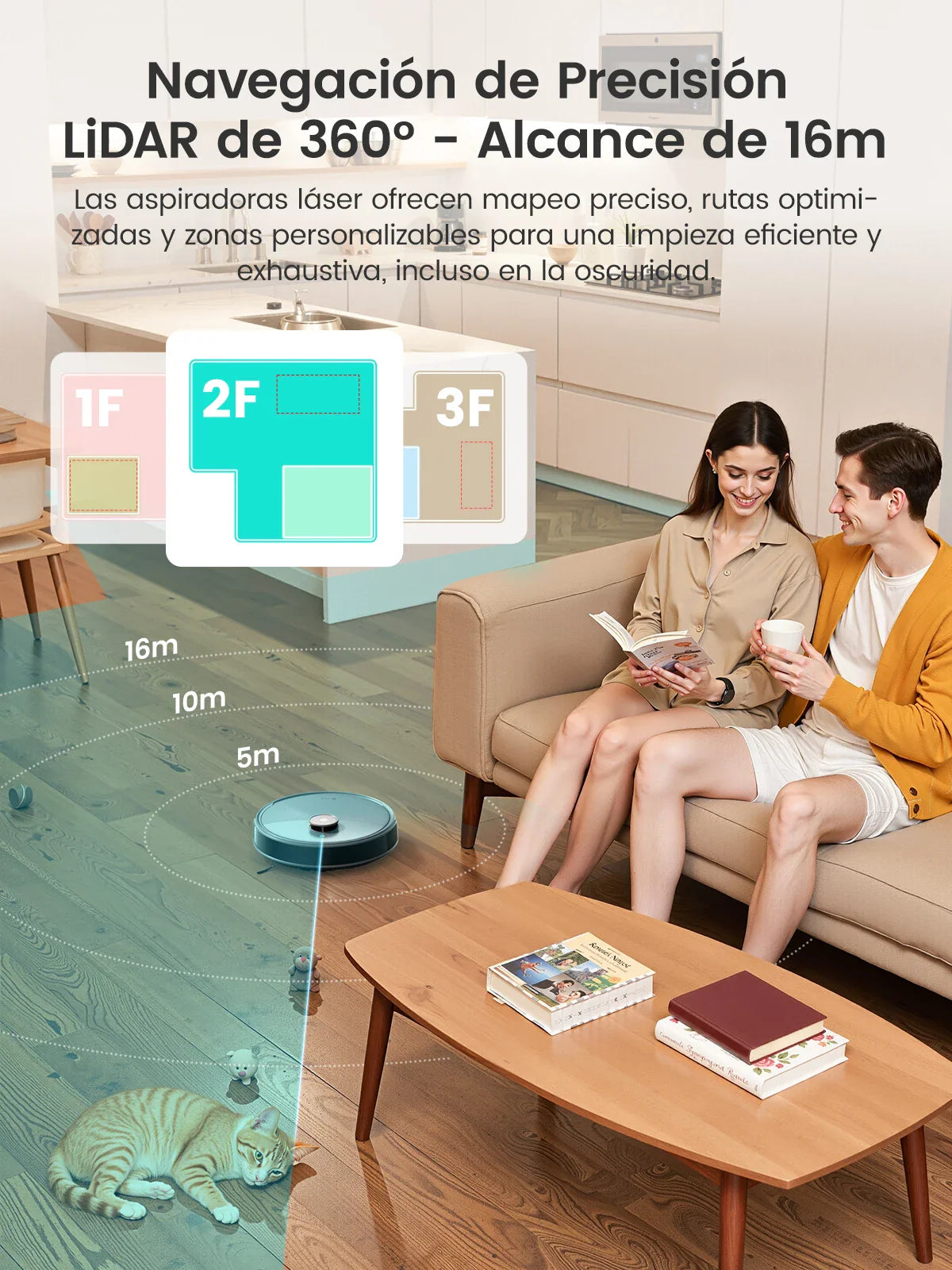 Robot vacuum using LiDAR navigation in a room with people sitting on a sofa