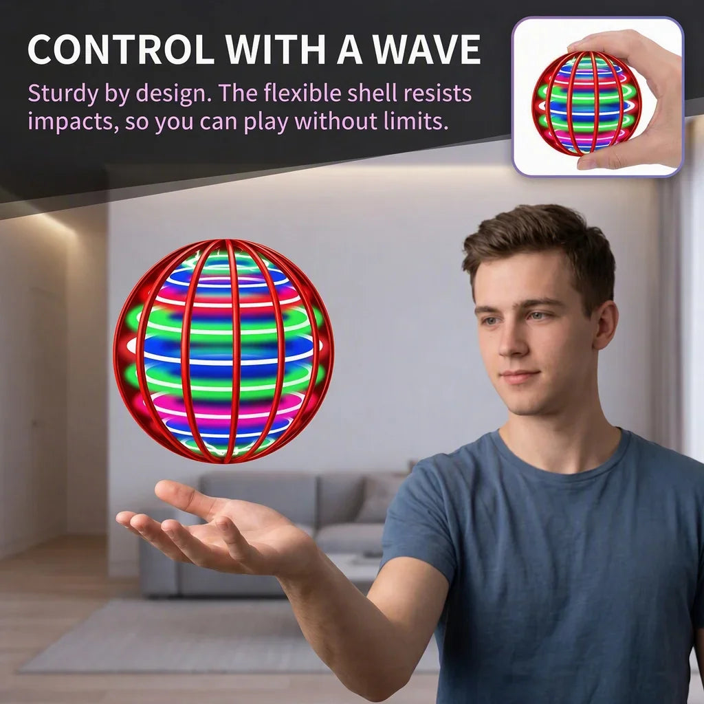 Young man controlling a flying light-up orb with his hand