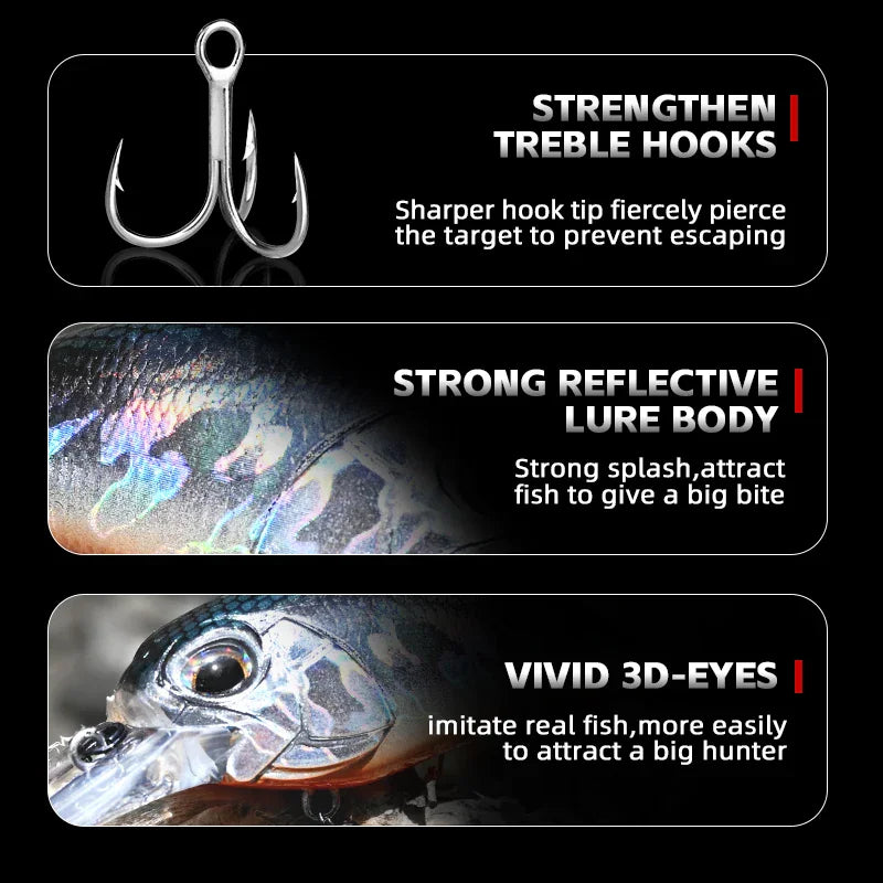 Close up details of a fishing lure featuring treble hooks and realistic 3D eyes