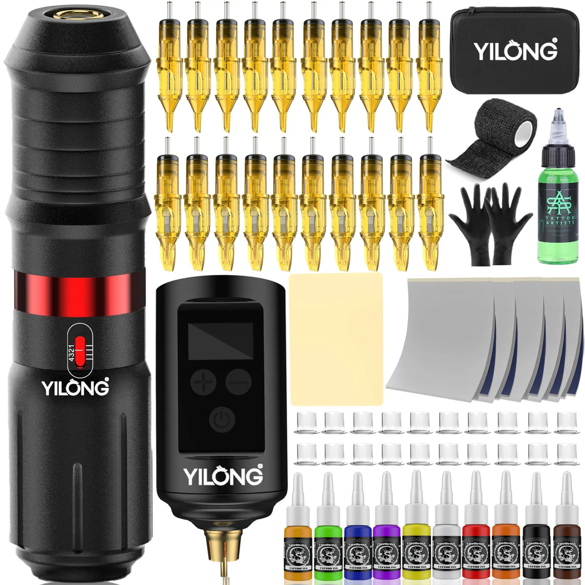 Professional wireless rotary tattoo pen machine kit with cartridges, ink, power supply, and accessories