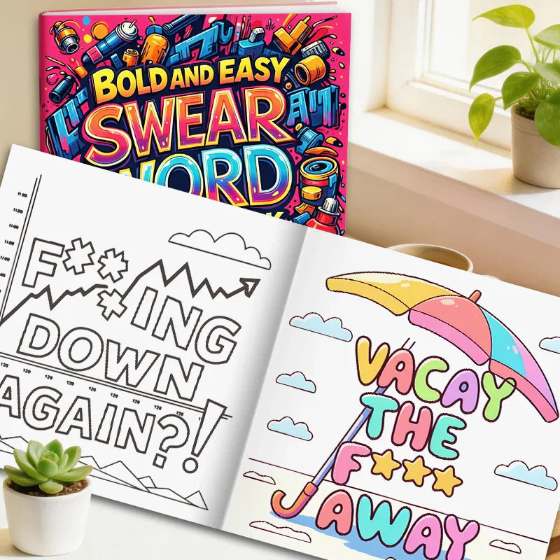 Adult swear word coloring book open to two pages with funny phrases and umbrella illustration